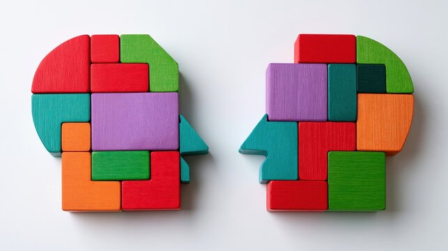 Colorful wooden blocks forming two human head profiles