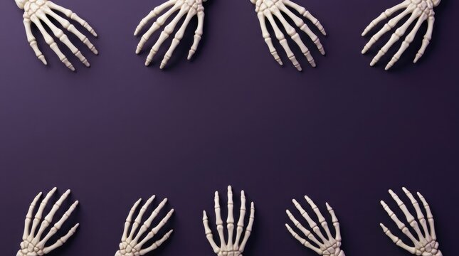 Overhead view of plastic skeleton hands arranged in a repeating pattern on purple