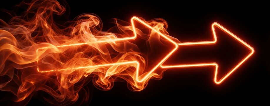 Bright neon orange arrow glows through thick swirling fire smoke. Dynamic glowing symbol moves forward with intense heat, energy. Abstract fiery direction sign shines against dark black background.