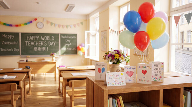 Colorful balloons, fresh flowers and thank-you cards are arranged on a classroom bookshelf in a bright European school for World Teachers Day.