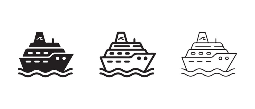 cruise ship icons sailing on wavy water lines isolated on transparent background