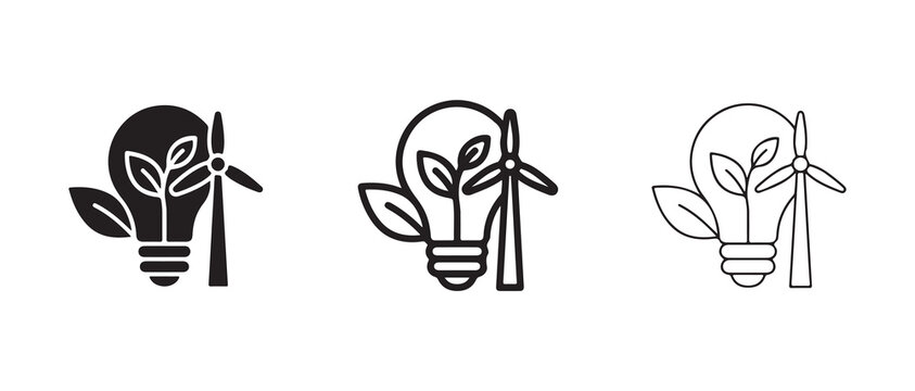 renewable energy concepts with lightbulbs sprouting leaves and wind turbines