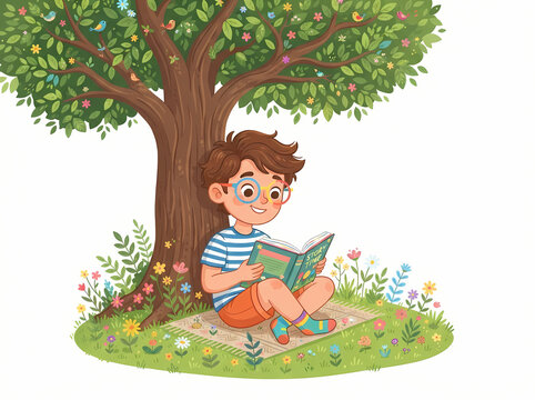 A young boy with glasses sitting under a tree reading a book.
