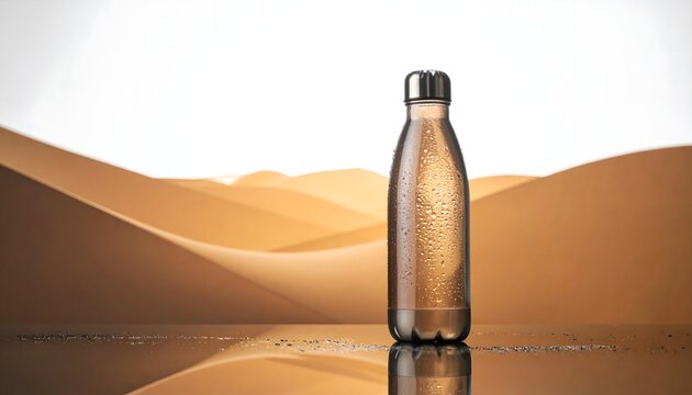 Botella reutilizable de agua en primer plano frente a un paisaje de dunas des&eacute;rticas iluminadas por luz c&aacute;lida