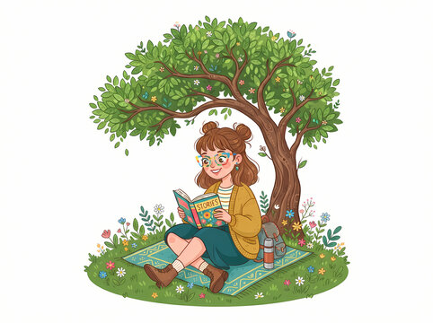 A young girl with brown hair sitting under a tree reading a book.