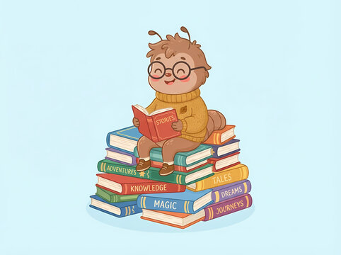 A cute cartoon creature with glasses reading a book while sitting on a large stack of colorful books.