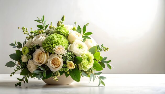 Ramo elegante de rosas blancas y flores verdes con abundante follaje sobre una superficie clara y fondo minimalista