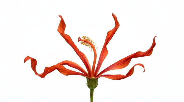 Red trumpet flower with curved petals and green stem on white background