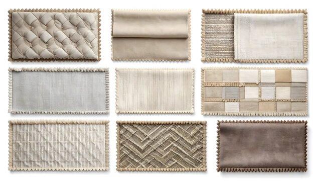 Colecci&oacute;n de muestras rectangulares de telas y tapicer&iacute;as en tonos neutros con diferentes texturas y patrones sobre fondo blanco