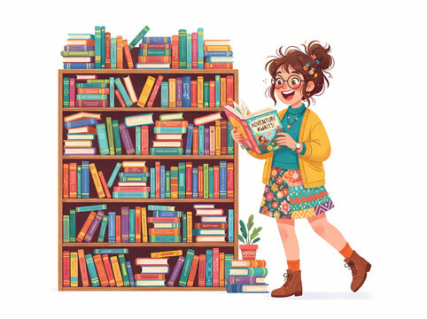 A joyful young woman with glasses reading a book in front of a large bookshelf.