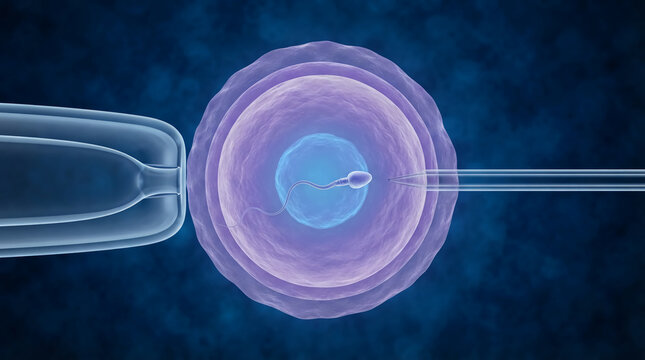 A 3D medical illustration showing an ICSI procedure, with a fine needle injecting a single sperm into an egg cell against a dark blue background.