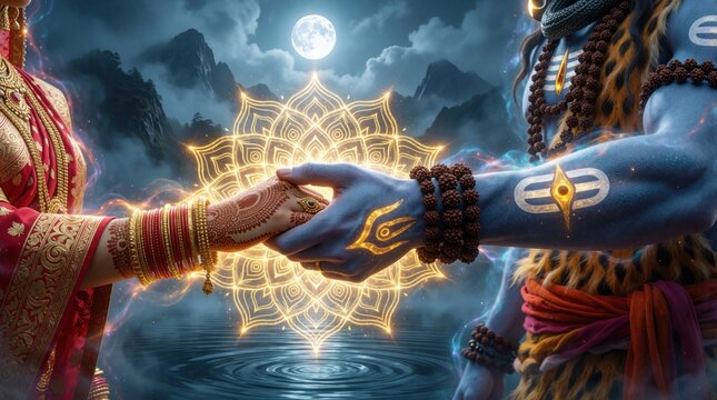 Lord Shiva and Goddess Parvati hold hands. Their union symbolizes divine balance and cosmic connection in a mystical aura and celestial night sky. A luminous mandala glows behind them.