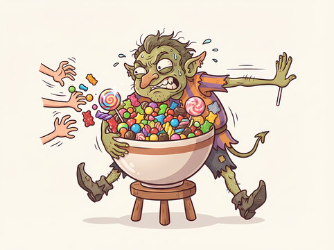 A greedy green goblin protecting a large bowl of colorful candy from reaching hands.