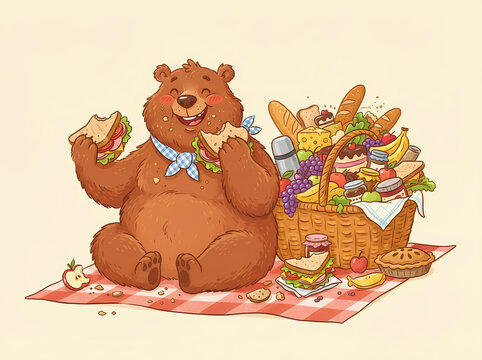 A cheerful brown bear enjoying a large picnic feast on a checkered blanket.