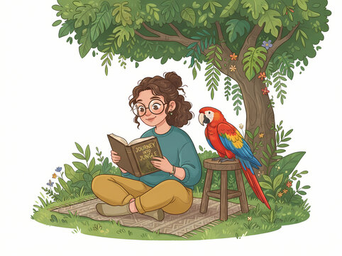 A young woman with glasses reading a book while sitting next to a colorful parrot.