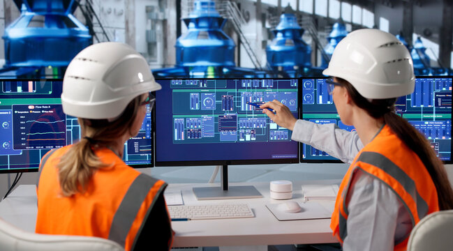 Woman Monitors Hydroelectric Power System Using Computer