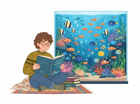 A young boy sitting on a rug reading a book.