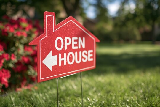 Red open house sign on grass with flowers