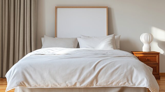 Neat white bed with wooden headboard in bright