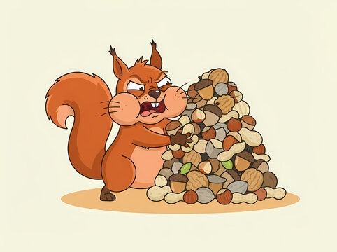 An angry cartoon squirrel guarding a large pile of nuts and acorns.
