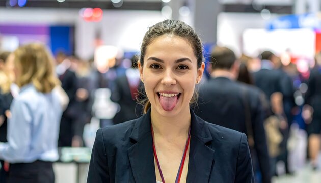 Mujer sonriente con acreditaci&oacute;n en un evento profesional concurrido con asistentes y stands desenfocados al fondo
