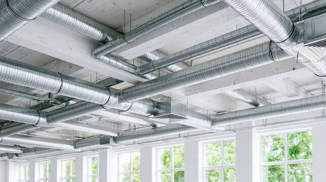 Industrial air conditioning ducts on white ceiling beams
