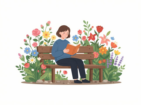 A young woman sitting on a wooden bench while reading a book.
