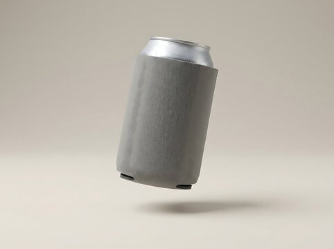 A grey beverage can cooler sleeve floating in the air for a cold drink container mockup design project. koozie mockup