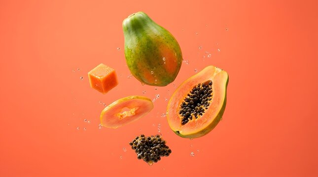 Fresh papaya fruit whole half and slices floating on pink