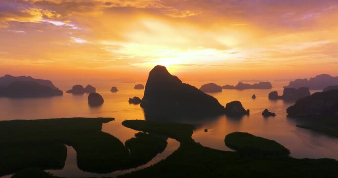 Thailand Breathtaking Aerial Sunrise of Ao Phang Nga National Park from Samet Nangshe Viewpoint
