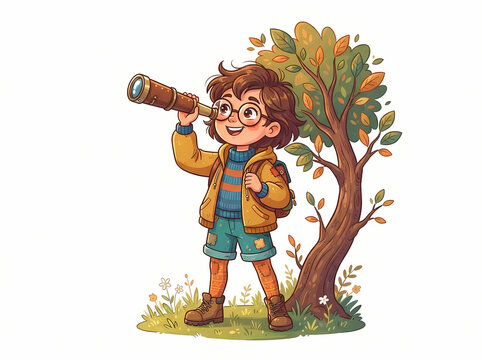 A curious young explorer with glasses looking through a telescope in a whimsical illustration.