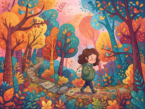 A young girl with curly brown hair walking through a vibrant and colorful forest.