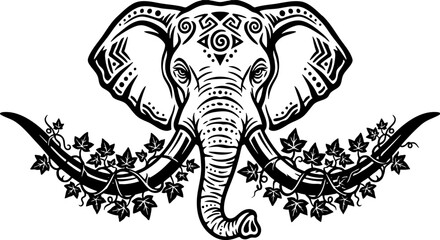 Obraz premium Black and white ornamental elephant head with ivy tusks illustration