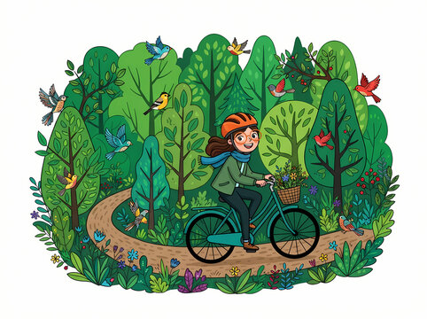 A young woman wearing a helmet riding a bicycle through a forest.