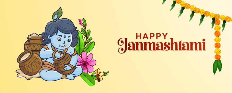  "Happy Janmasthami". Krishna Janmashtami colour vector illustration