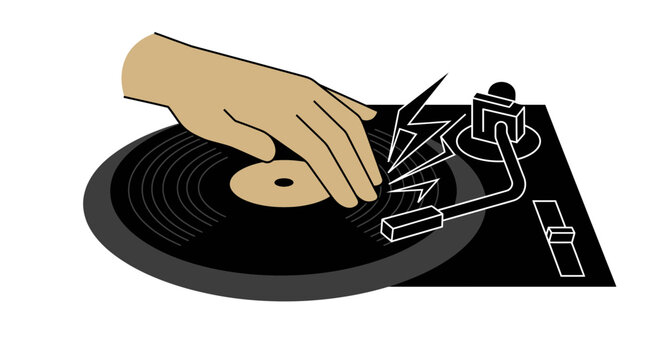 DJ hand scratching vinyl record on turntable isolated