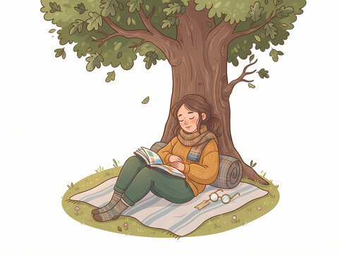 A young person sitting under a tree reading a book on a blanket.