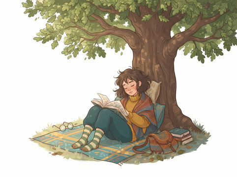 A young woman with curly hair reading a book while sitting comfortably under a large tree.