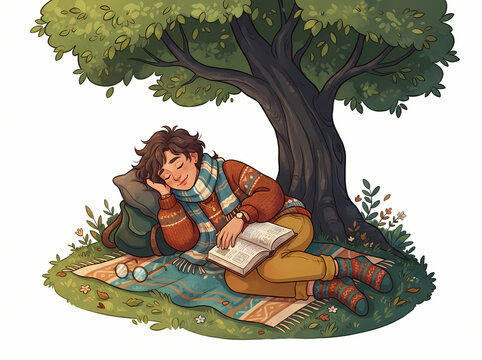 A young person resting peacefully while reading a book under a tree.
