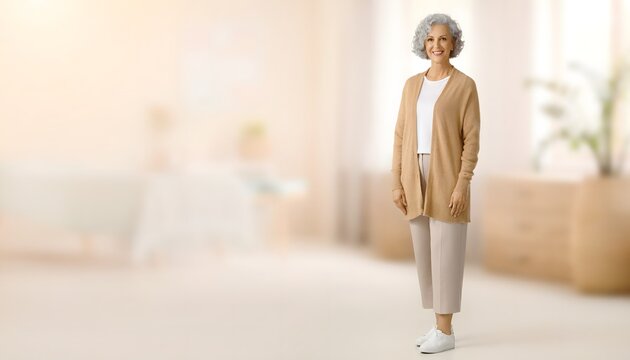 Mujer mayor de pie en un interior luminoso con ropa informal en tonos neutros y amplio espacio desenfocado alrededor