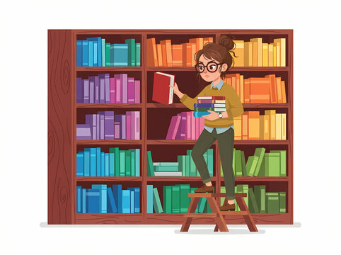 A young woman standing on a step stool organizing books on a library shelf.