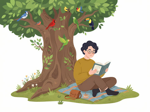 A young person with glasses sitting under a tree reading a book.