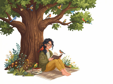 A young woman with glasses sitting under a tree reading a book.