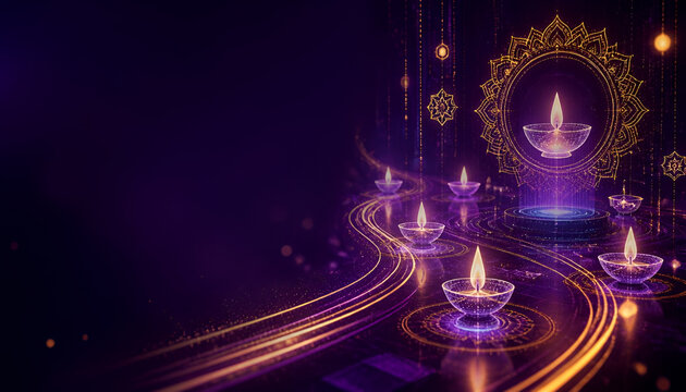 Glowing oil lamps and ornate circular golden frame on dark purple background celebrating festival of lights with hindu festival