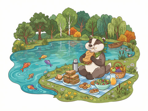 A cute badger enjoying a delicious picnic by the water.