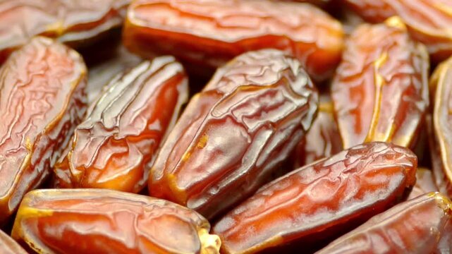 Dried date fruit macro background, sweet organic medjool dates texture, brown palm fruit for ramadan and healthy snacking
