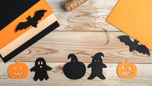 Decoraci&oacute;n de Halloween con siluetas de fantasmas, brujas, murci&eacute;lagos y calabazas sobre una mesa de madera