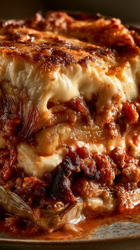 Extreme macro layered Greek moussaka cross-section with eggplant, meat sauce and b&eacute;chamel, Mediterranean food texture background