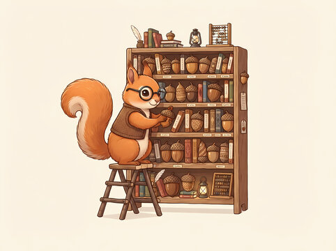 An adorable cartoon squirrel wearing glasses and a vest standing on a small wooden stool to organize a bookshelf filled with acorns and books.