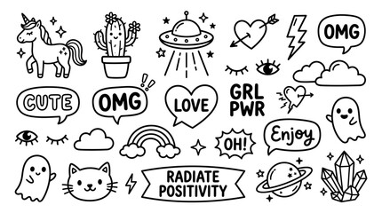 Obraz premium Cute Doodle Sticker Set, Hand-Drawn Black and White Vector